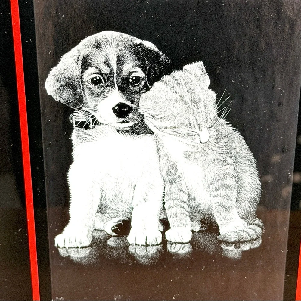 Vintage Puppy & Kitty Black Red Silver Framed Art Dog Cat Fiji Giftware 8x10”